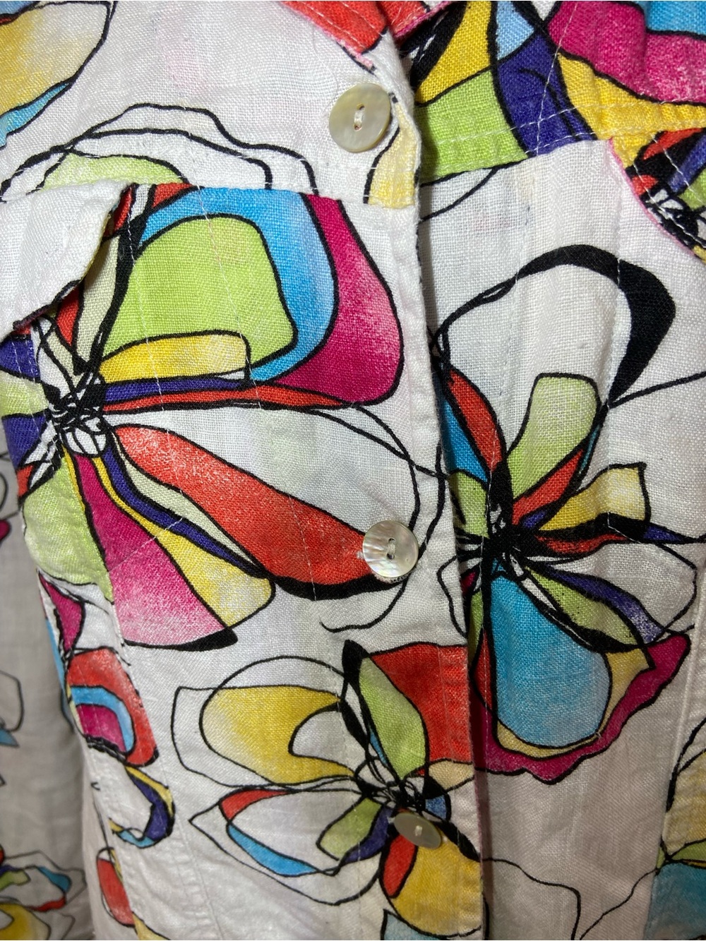 Chico's White Button-Down Blouse with Multicolor Floral Print size:2(L)100%linen - Picture 6 of 11